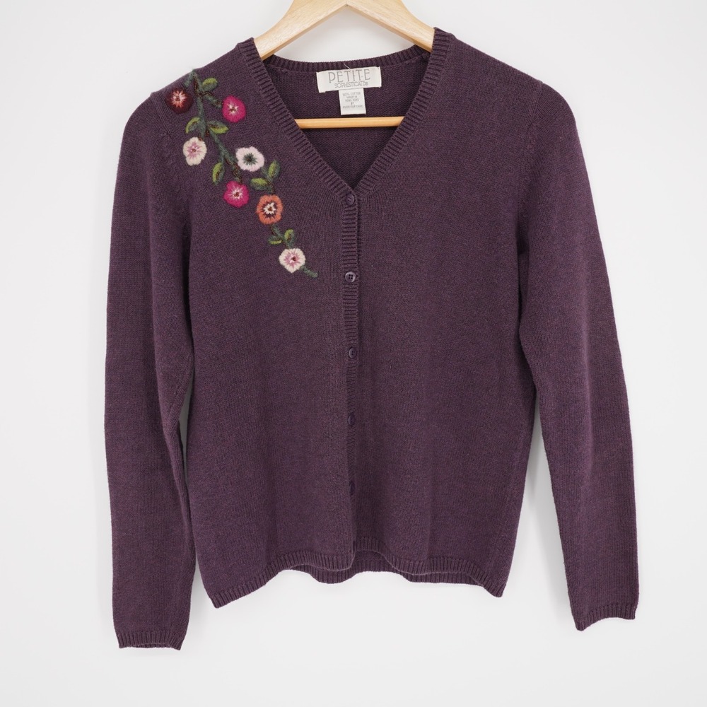 Vintage Embroidered Cardigan Sweater Petite XS Purple Cottagecore Whimsigoth Y2K - Picture 13 of 14